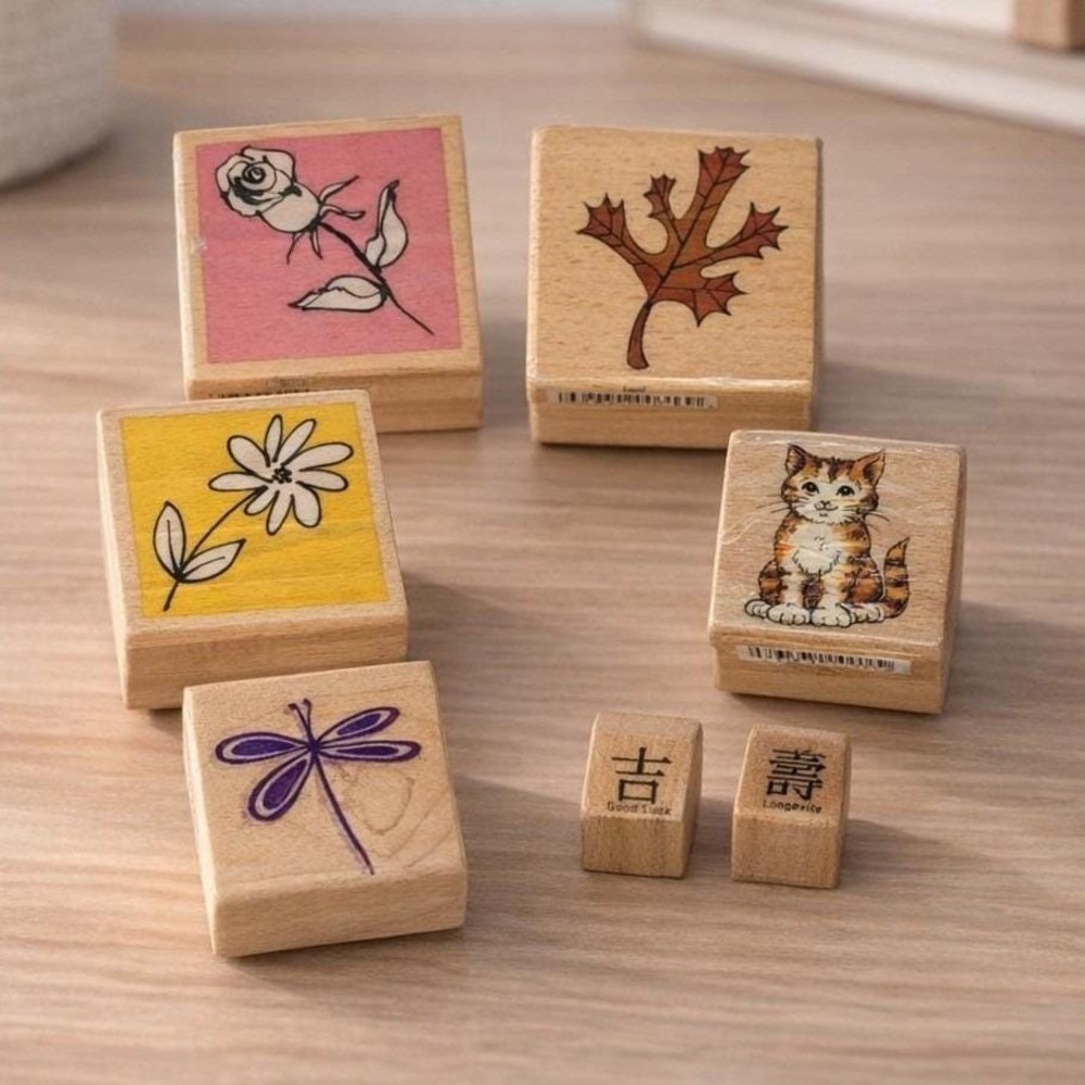 Wood Rubber Stamp Set Cat Rose Dragonfly Asian Symbols Set of 7